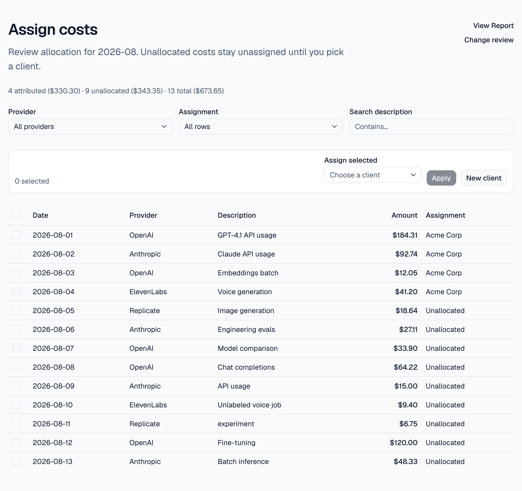 AI Billback client attribution board with sample AI provider costs assigned across clients.
